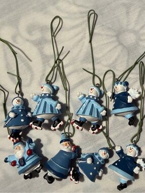 Vintage mini  Blue Snowman & Santa Holiday Hanging Ornaments - 1’’